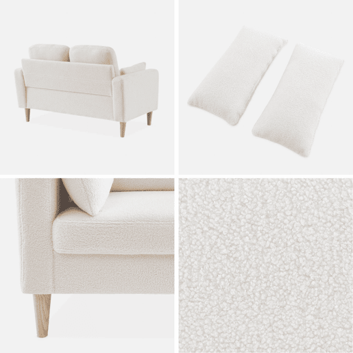 Sofá em tecido boucle, pernas de madeira de 2 lugares, Bjorn boucle, Branco, 130x79x69 cm