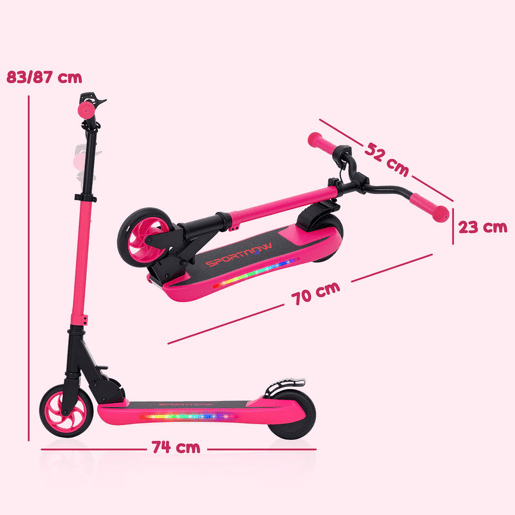 SPORTNOW Trotinete Elétrica Dobrável para Crianças acima de 6 Anos Motor 120 W Autonomia 6 km e Máximo 10 kmh com Travão Altura Ajustável Luzes LED e Estrutura de Alumínio 74x52x83-87 cm Rosa
