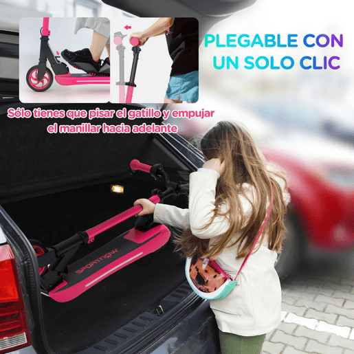 SPORTNOW Trotinete Elétrica Dobrável para Crianças acima de 6 Anos Motor 120 W Autonomia 6 km e Máximo 10 kmh com Travão Altura Ajustável Luzes LED e Estrutura de Alumínio 74x52x83-87 cm Rosa