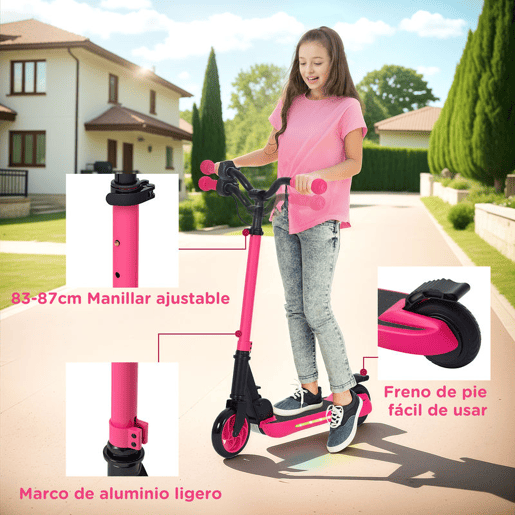 SPORTNOW Trotinete Elétrica Dobrável para Crianças acima de 6 Anos Motor 120 W Autonomia 6 km e Máximo 10 kmh com Travão Altura Ajustável Luzes LED e Estrutura de Alumínio 74x52x83-87 cm Rosa