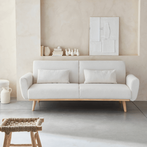 Sofá-cama em tecido boucle de 3 lugares, Oskar boucle, Creme, 208x84x85 cm