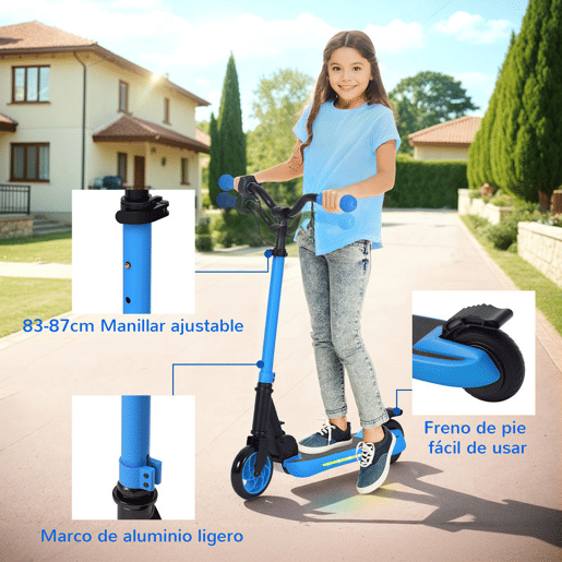 SPORTNOW Trotinete Elétrica Dobrável para Crianças acima de 6 Anos Motor 120 W Autonomia 6 km e Máximo 10 kmh com Travão Altura Ajustável Luzes LED e Estrutura de Alumínio 74x52x83-87 cm Azul SPORTNOW Trotinete Elétrica Dobrável para Crianças acima de 6 Anos Motor 120 W Autonomia 6 km e Máximo 10 kmh com Travão Altura Ajustável Luzes LED e Estrutura de Alumínio 74x52x83-87 cm Azul