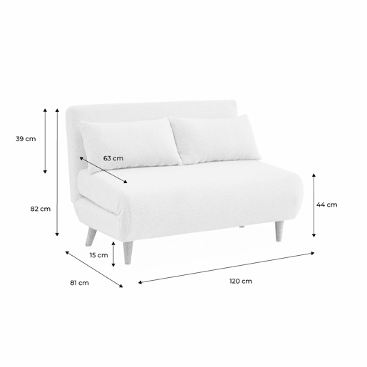 Sofá-cama em tecido boucle de 2 lugares, Guesta boucle, Boucle branco, 120x89x80 cm