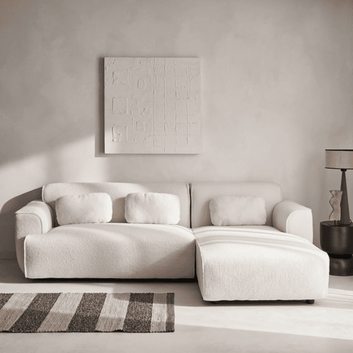 Sofá de canto, tecido boucle, 3 lugares, Wallas boucle, Creme, 196x151x91 cm