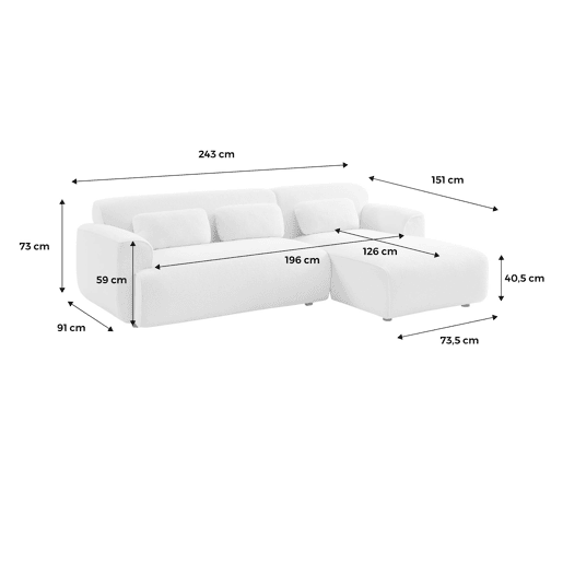 Sofá de canto, tecido boucle, 3 lugares, Wallas boucle, Creme, 196x151x91 cm