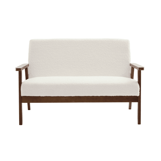 Sofá-bancada de 2 lugares, tecido boucle, pernas manchadas de nogueira clara, Isak boucle, Creme, 114x69.5x73 cm