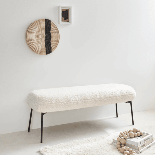 Banco, extremidade da cama com revestimento de boucle, Sherpa, Cru, 120x41x42.5 cm
