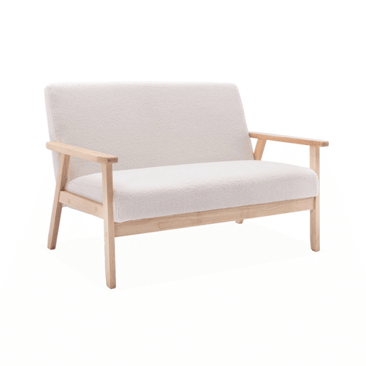 Sofá-bancada boucle e pernas de madeira, 2 lugares, Isak boucle, Creme, 114x69.5x73 cm