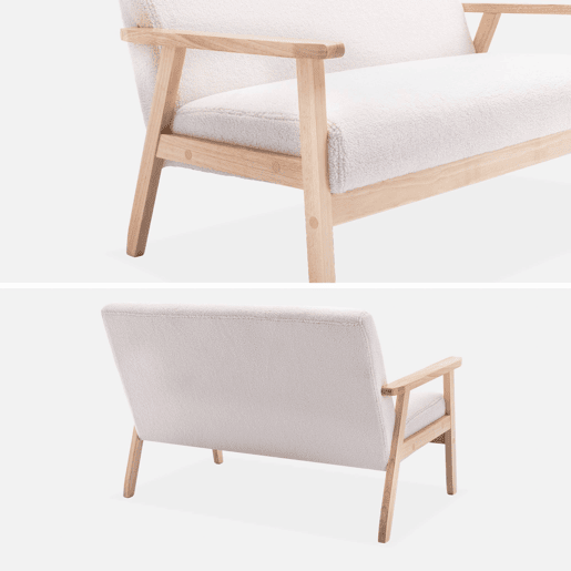 Sofá-bancada boucle e pernas de madeira, 2 lugares, Isak boucle, Creme, 114x69.5x73 cm