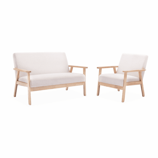 Sofá-bancada boucle e pernas de madeira, 2 lugares, Isak boucle, Creme, 114x69.5x73 cm