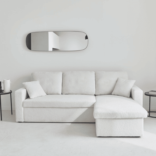 Sofá de canto convertível em tecido boucle , Ida boucle, Creme, 219x81x68 cm