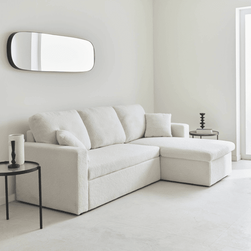 Sofá de canto convertível em tecido boucle , Ida boucle, Creme, 219x81x68 cm