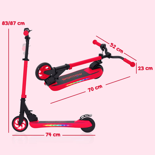 SPORTNOW Trotinete Elétrica Dobrável para Crianças acima de 6 Anos Motor 120 W Autonomia 6 km e Máximo 10 kmh com Travão Altura Ajustável Luzes LED e Estrutura de Alumínio 74x52x83-87 cm Vermelho