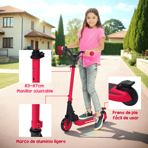SPORTNOW Trotinete Elétrica Dobrável para Crianças acima de 6 Anos Motor 120 W Autonomia 6 km e Máximo 10 kmh com Travão Altura Ajustável Luzes LED e Estrutura de Alumínio 74x52x83-87 cm Vermelho