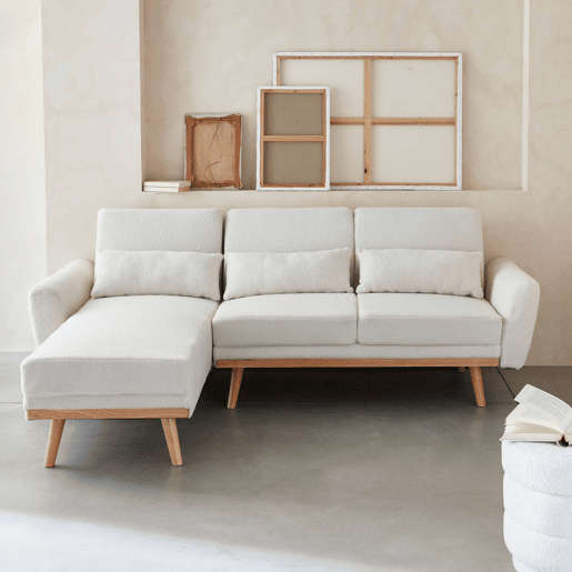 Sofá-cama de canto reversível de 3 lugares com revestimento em boucle, Oskar boucle, Branco, 225x160x85 cm