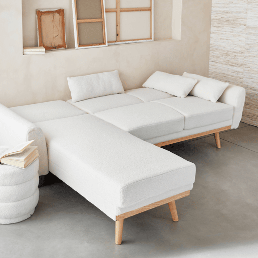 Sofá-cama de canto reversível de 3 lugares com revestimento em boucle, Oskar boucle, Branco, 225x160x85 cm