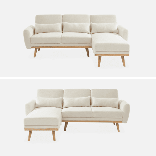 Sofá-cama de canto reversível de 3 lugares com revestimento em boucle, Oskar boucle, Branco, 225x160x85 cm
