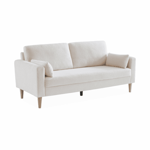 Sofá de 3 lugares em tecido boucle, pernas de madeira, Bjorn boucle, Branco, 180x82x70 cm