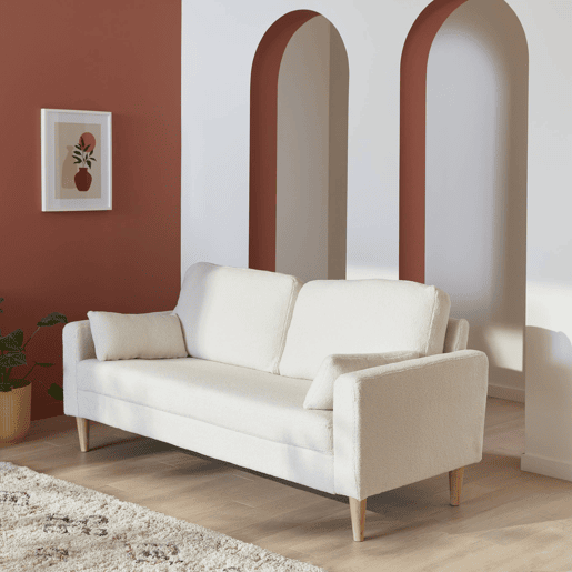 Sofá de 3 lugares em tecido boucle, pernas de madeira, Bjorn boucle, Branco, 180x82x70 cm