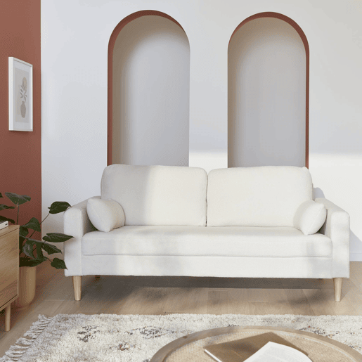 Sofá de 3 lugares em tecido boucle, pernas de madeira, Bjorn boucle, Branco, 180x82x70 cm