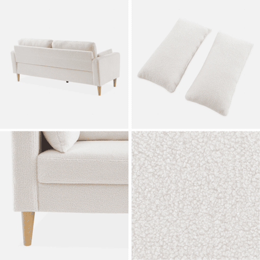 Sofá de 3 lugares em tecido boucle, pernas de madeira, Bjorn boucle, Branco, 180x82x70 cm
