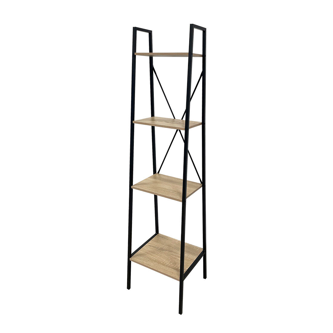 Acomoda textil – estantería librería para almacenamiento de acero negro y madera. mueble organizador con protección antivuelco para salón y dormitorio fácil montaje. (4 estantes, 148x35x34 cm)