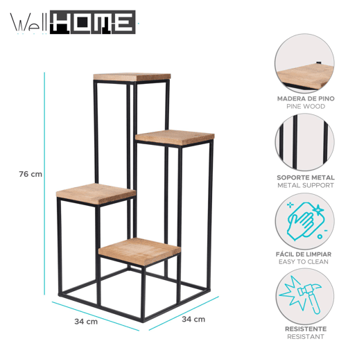 Well Home Prateleira para vasos de metal com 4 prateleiras de madeira 34x34x76cm