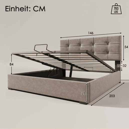 Cama de casal de veludo 140x200cm com armazenamento,cinza claro