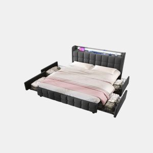 Cama de casal de madeira maciça 140x200cm com luz LED,4 gavetas,cinzento