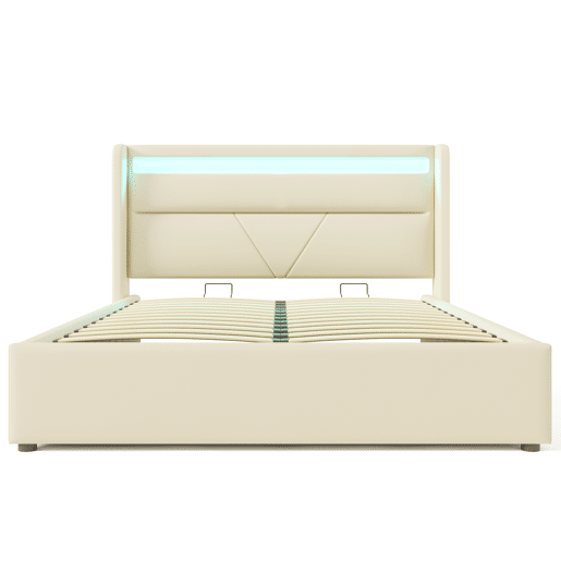 Cama de casal de pu 160x200cm com armazenamento e luz LED,branco
