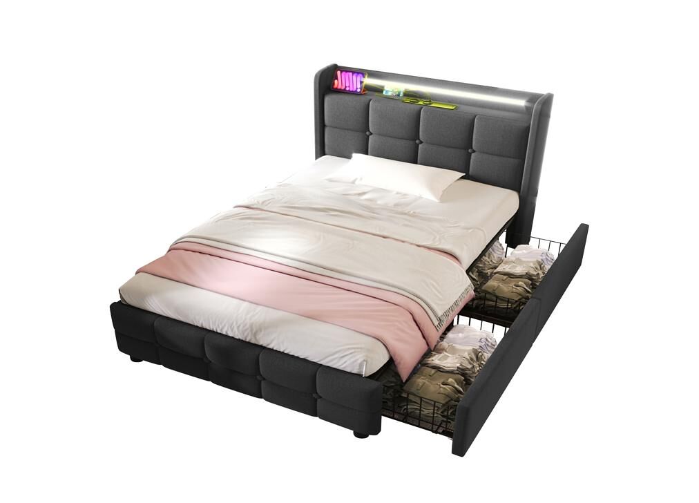 cama individual de lino 90x200cm con luz led y 2 cajonesgris