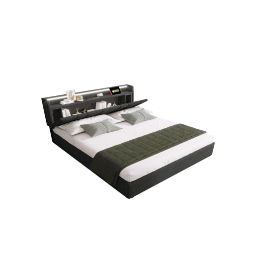 Cama de casal de linho 160x200cm com armazenamento,luz LED,cinzento