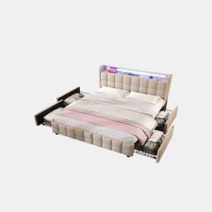 Cama de casal de madeira maciça 160x200cm com luz LED e 4 gavetas,bege