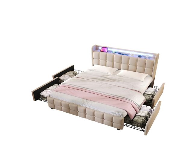 Cama de matrimonio de madera maciza con 4 cajones 164x220