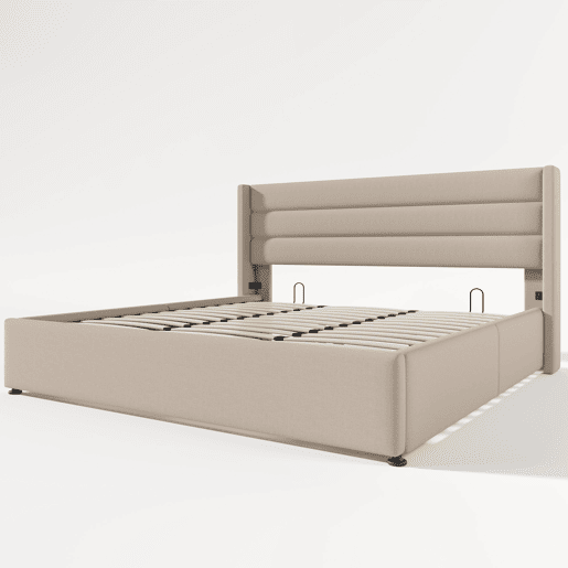 Cama de casal de linho 180x200cm com armazenamento,bege