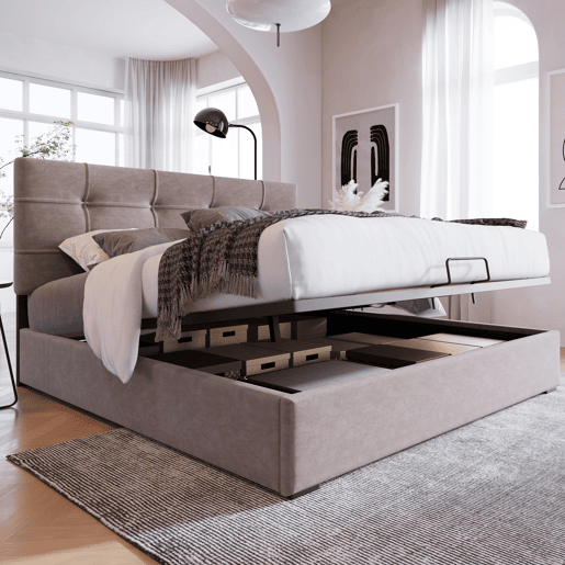 Cama de casal de veludo 140x200cm com armazenamento,cinza claro
