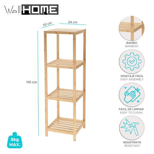 Prateleira de armazenamento Well Home Bamboo com 4 níveis Alt.110cm