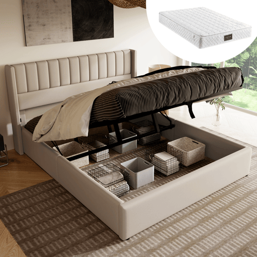 Cama de casal de linho 140x200cm com armazenamento,bege