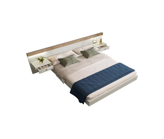 Cama de matrimonio de madera maciza 140x200cm con luz led,blanco+color madera