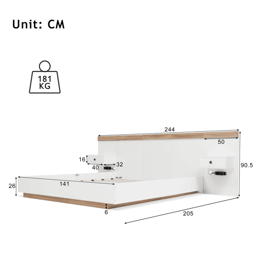 Cama de casal de madeira maciça 140x200cm com luz lED,branco+madeira