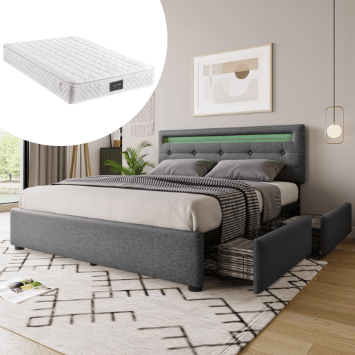 Cama de casal de linho 140x200cm com luz LED,4 gavetas,cinzento