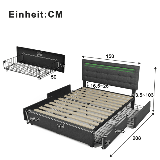 Cama de casal de linho 140x200cm com luz LED,4 gavetas,cinzento