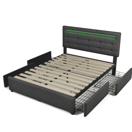 Cama de casal de linho 140x200cm com luz LED,4 gavetas,cinzento