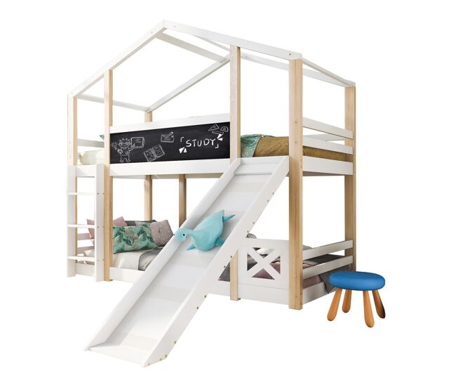 Litera cabaña infantil de madera maciza 90x200cm con pizarra,tobogán,escalera y protección contra caídas,blanco+natural
