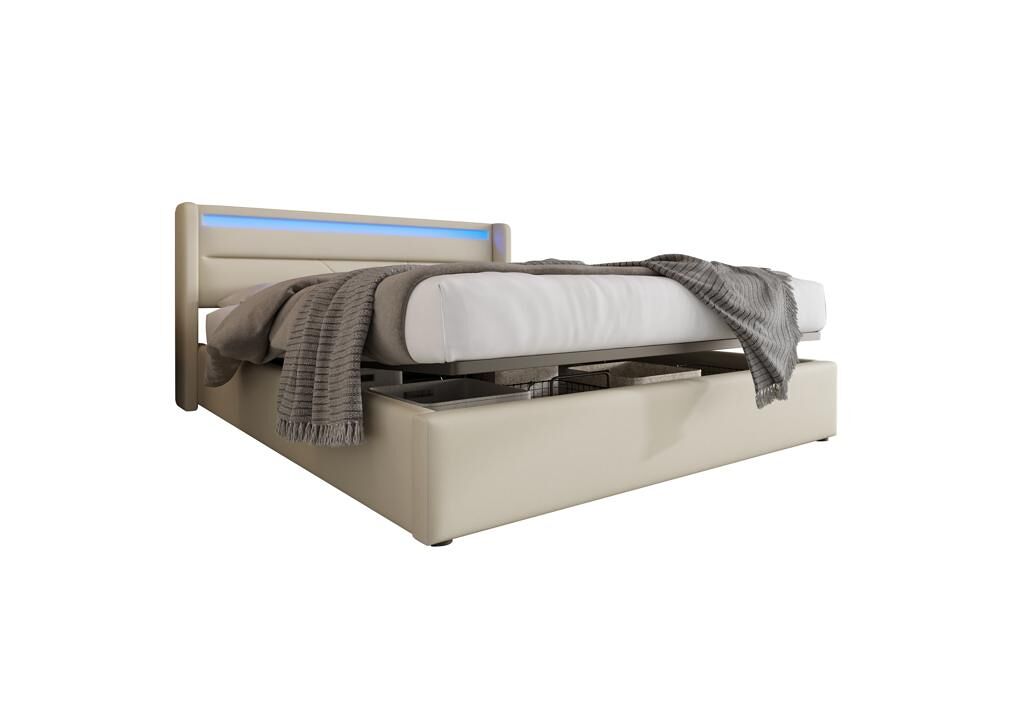 Cama de matrimonio de poliuretano 140x200cm con almacenaje y luz led,blanco