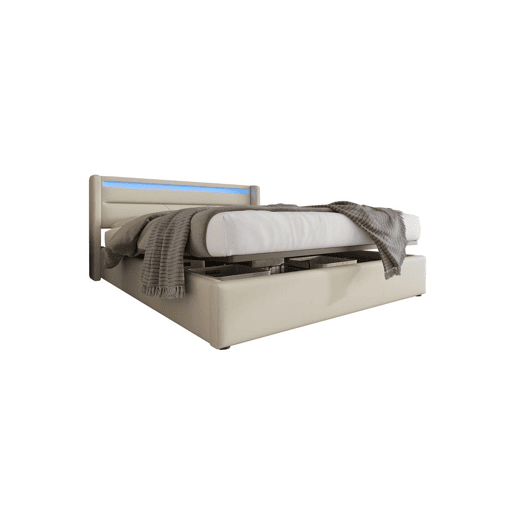Cama de casal de pu 140x200cm com armazenamento e luz LED,branco