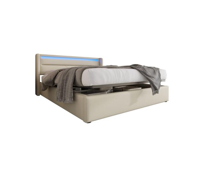 Cama de matrimonio de poliuretano 140x200cm con almacenaje y luz led,blanco
