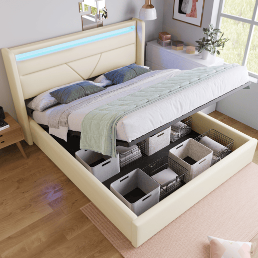 Cama de casal de pu 140x200cm com armazenamento e luz LED,branco