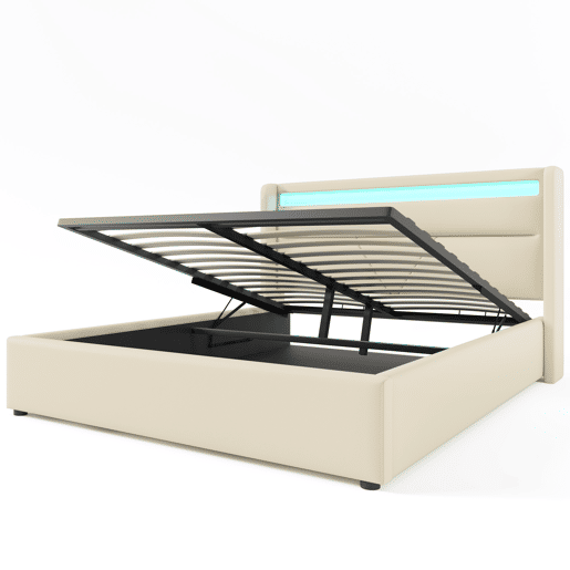 Cama de casal de pu 140x200cm com armazenamento e luz LED,branco