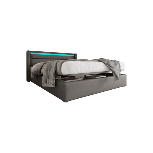 Cama de casal de pu 160x200cm com armazenamento e luz LED,cinzento